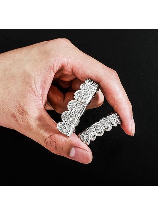 أسنان علوية وسفلية مطلية بالفضة، أغطية أسنان فضية، أطقم أسنان مزينة بالألماس على طراز الهيب هوب، أغطية أسنان علوية وسفلية للرجال والنساء، إكسسوارات أزياء مغني الراب (فضية) - Image 2